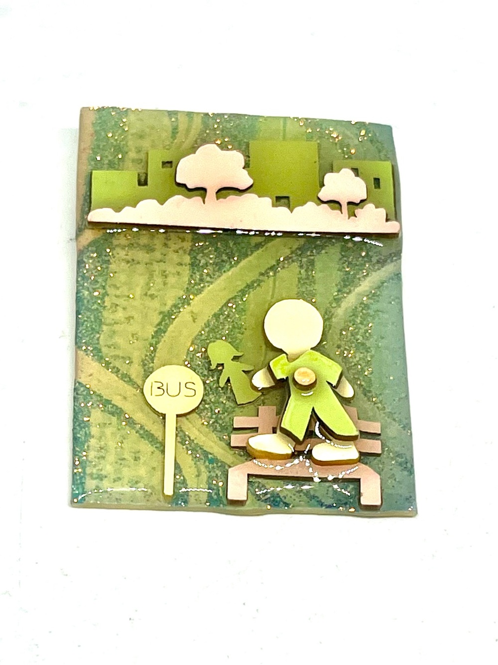 Green Enamel Bus Stop Scene Brooch - Women Jewelry